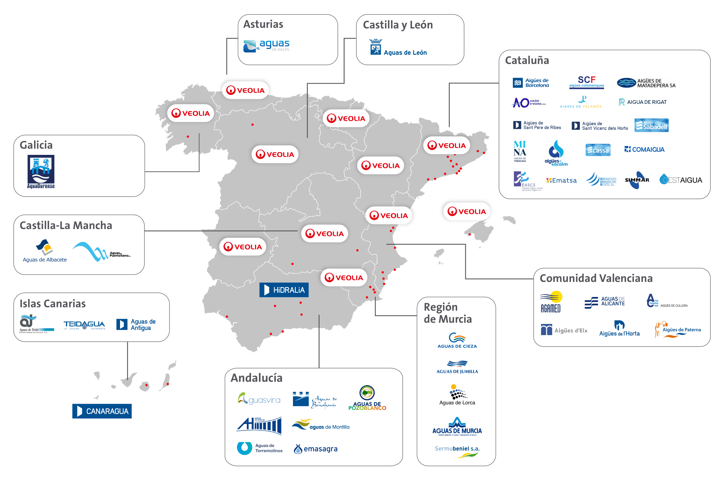 Mapa de España coa presenza territorial de Veolia